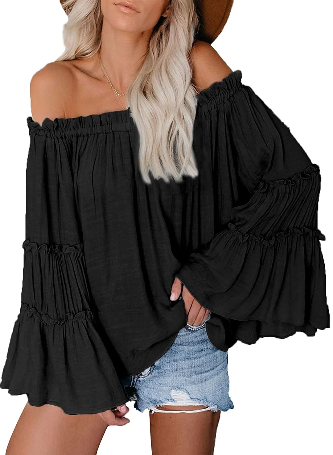 Women's Off The Shoulder Knot Front Top 3/4 Sleeve Boluse Pullover Shirts