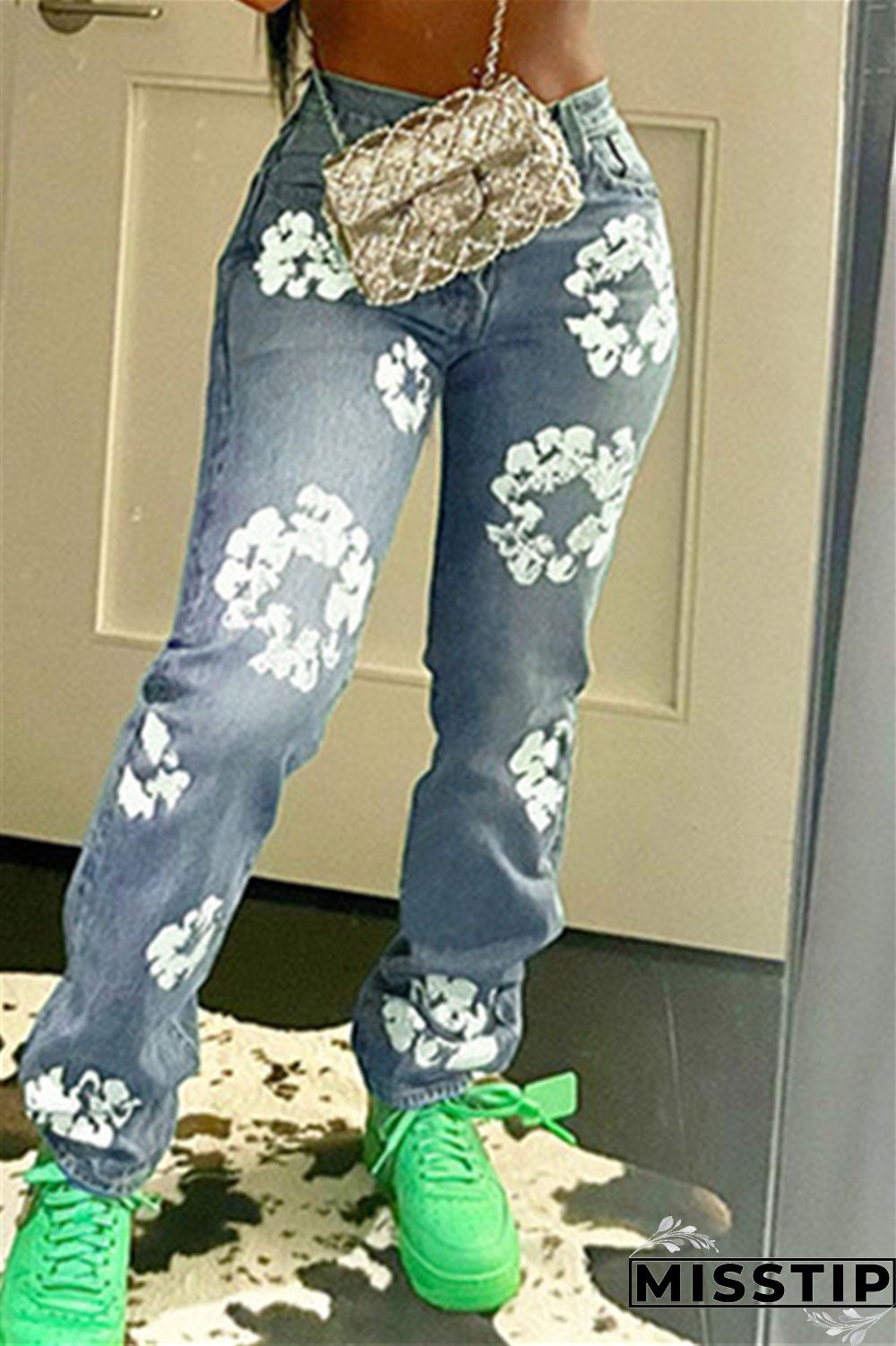 Blue Casual Print Patchwork High Waist Regular Denim Jeans