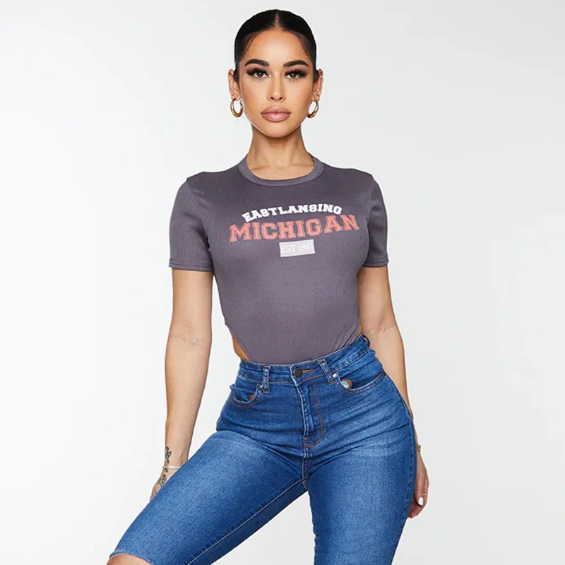 Uveng Uveng Spring New Women's Wear Color Print Letter Round Collar Sexy Slim Onesie Women