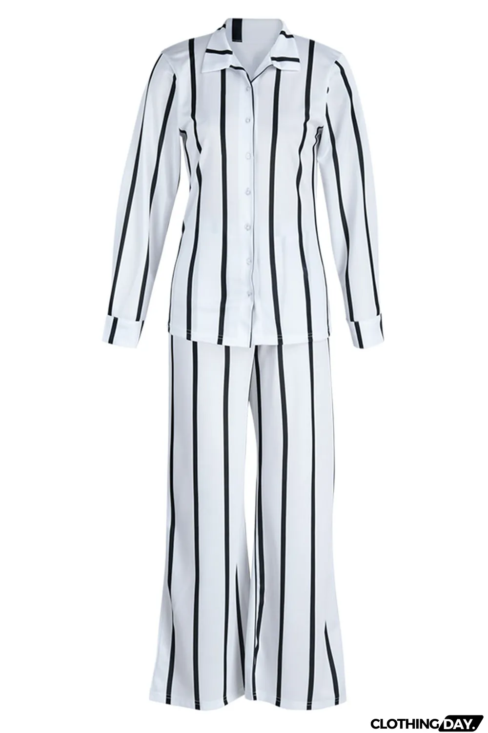 White Casual Striped Print Patchwork Turndown Collar Long Sleeve Two Pieces