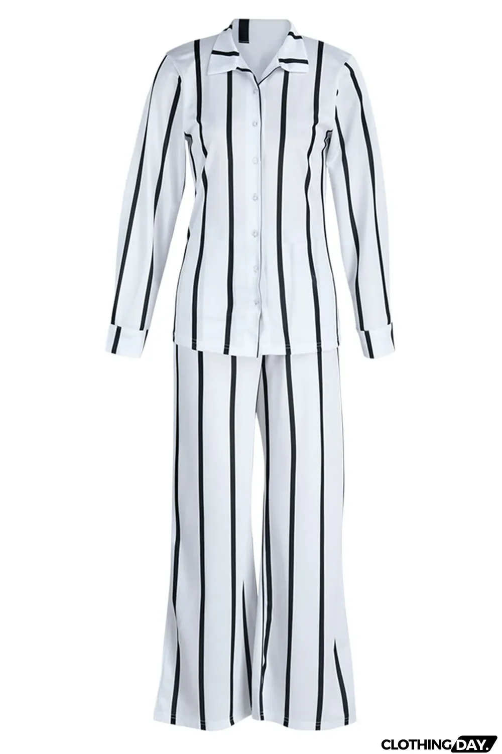 White Casual Striped Print Patchwork Turndown Collar Long Sleeve Two Pieces