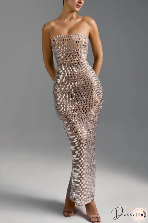 Flash Sculpture Rhinestone Embellished Bandeau Slit Stretch Maxi Dress