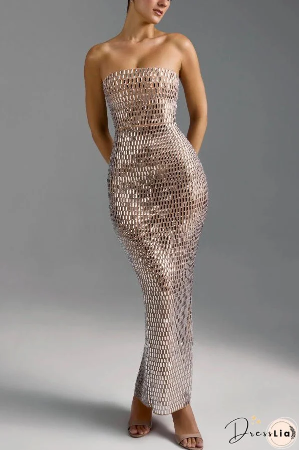 Flash Sculpture Rhinestone Embellished Bandeau Slit Stretch Maxi Dress