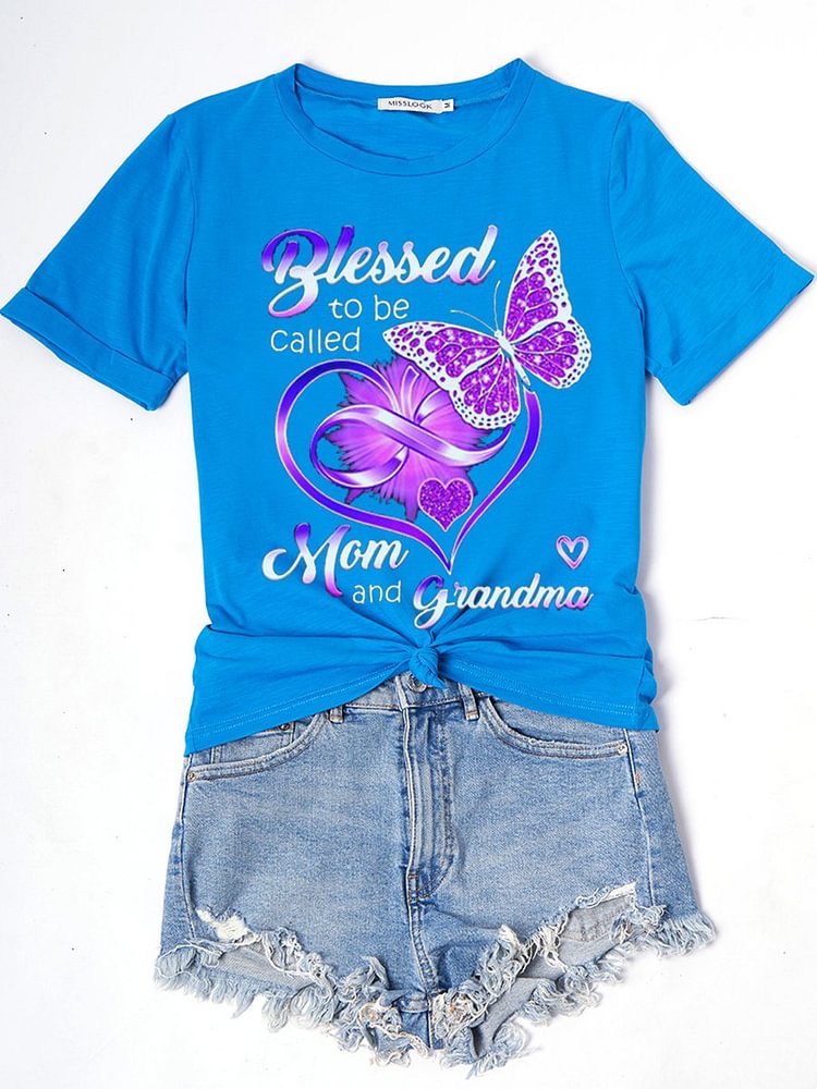 Bestdealfriday Blessed To Be Called Mom And Grandma Casual Letter Short Sleeve Cotton Blend Woman's Shirts Tops