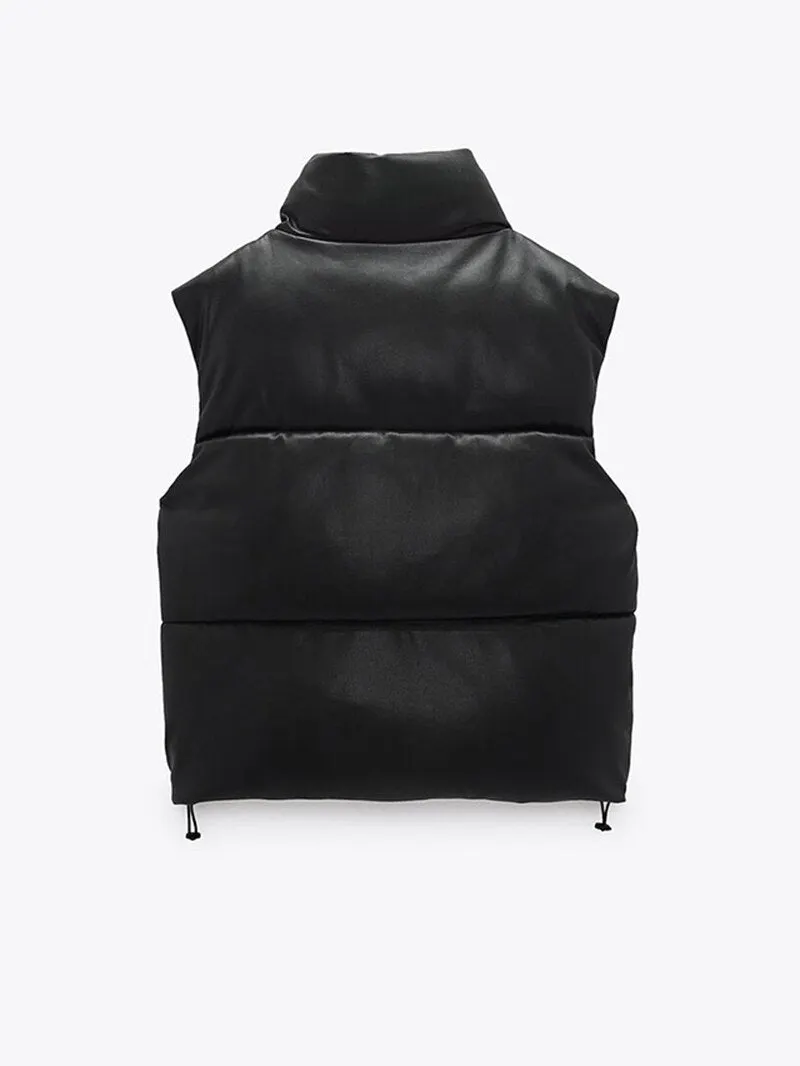 Winter Women Fashion Side Drawstring Leather Vest Coat Female Zipper Stand Sleeveless Jacket Ladies Chic Outerwear