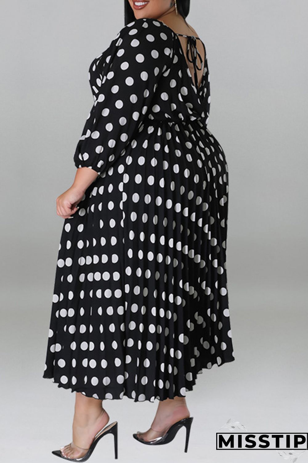 Black Casual Dot Print Patchwork Backless O Neck Long Sleeve Plus Size Dresses (Without Belt)