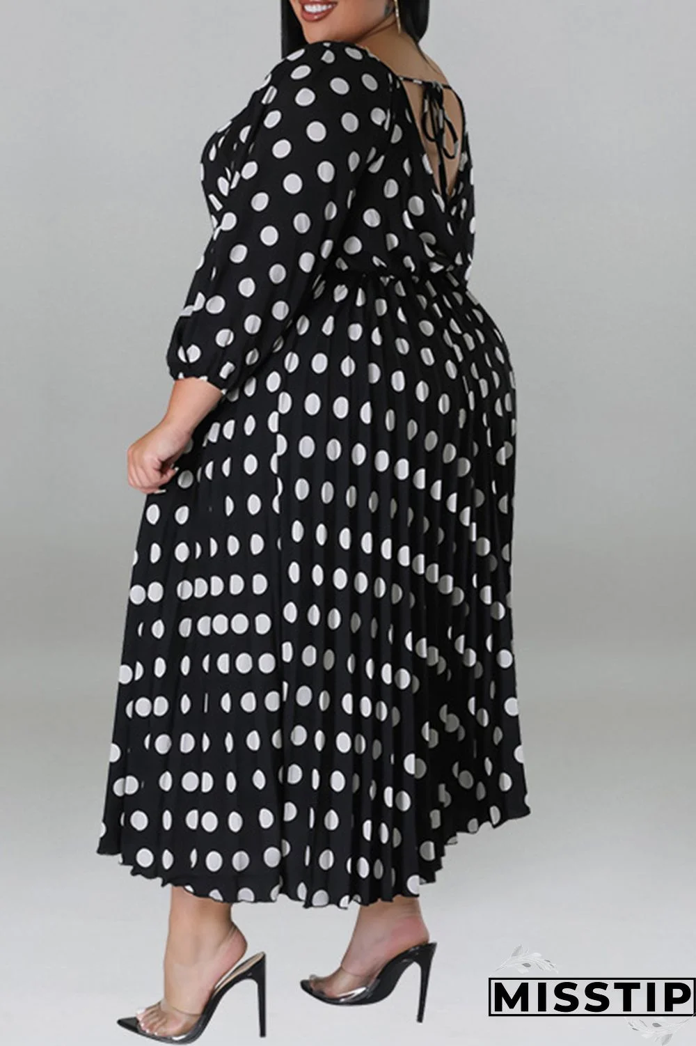 Black Casual Dot Print Patchwork Backless O Neck Long Sleeve Plus Size Dresses (Without Belt)