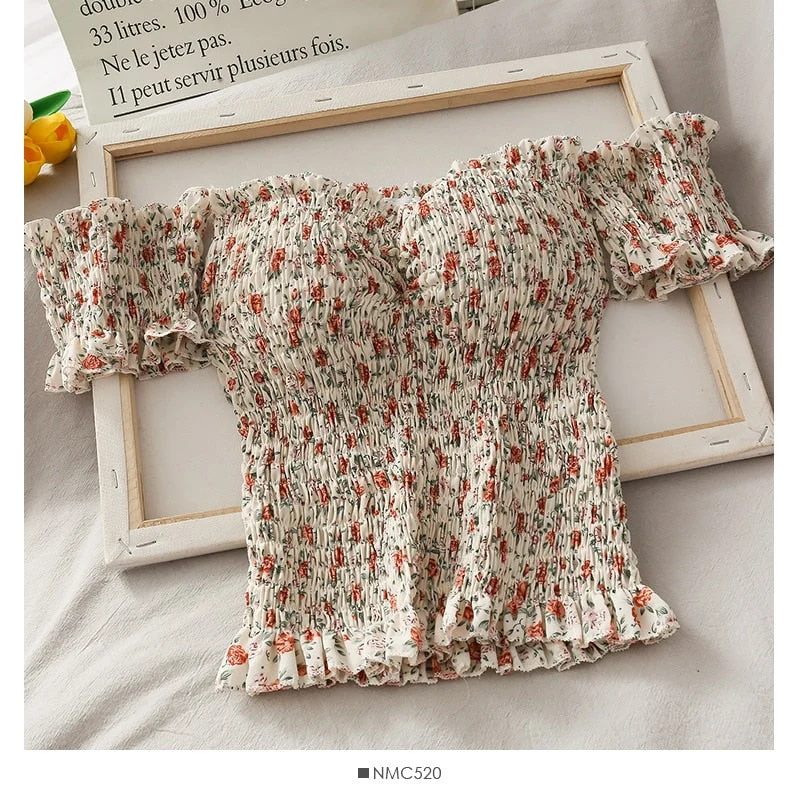 Summer strapless tube top one-shoulder top women's retro French small floral t-shirt stretch folds short crop top Slim all-match