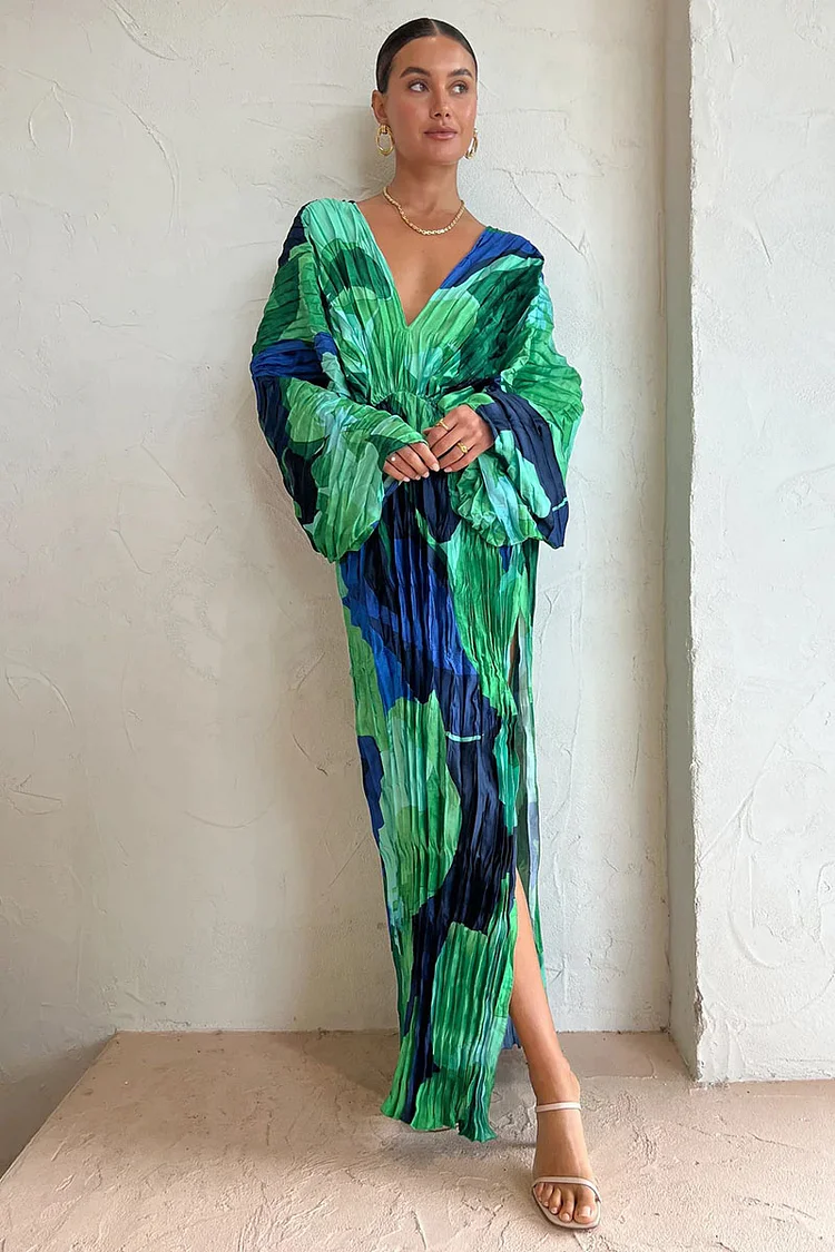 Bat Wing Sleeve V Neck Pleated Print Slit Maxi Dresses