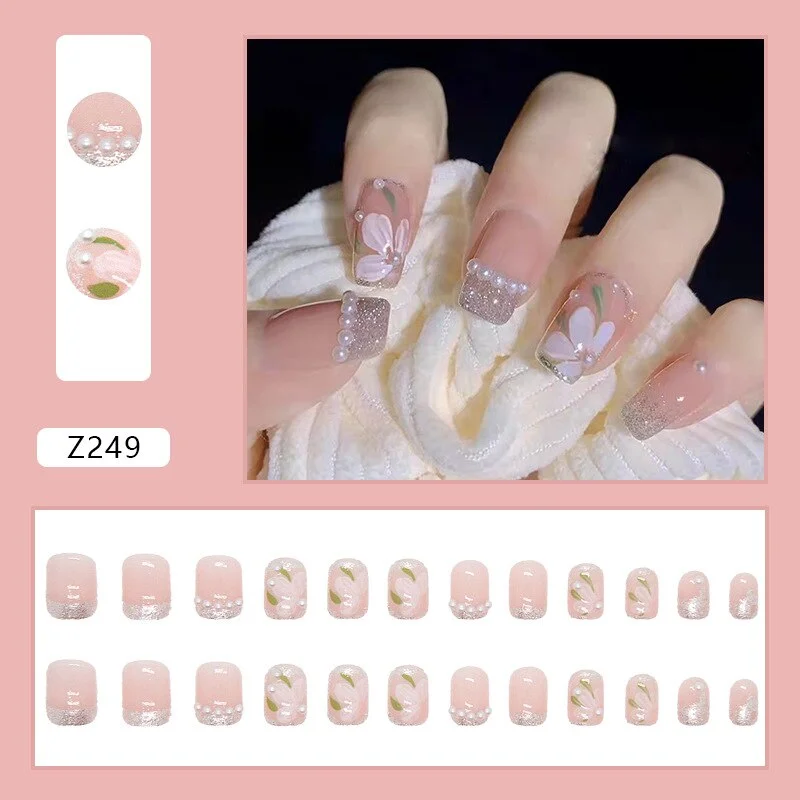 24pcs Coffin False Nails Pretty White Flower With Pearls Designs Ballerina Fake Tips Press On Artificial Full Cover Manicure