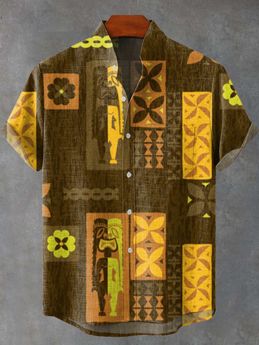 Vintage Abstract African Tribal Mask Geometric Painting Art Print Casual 100% Cotton Shirt