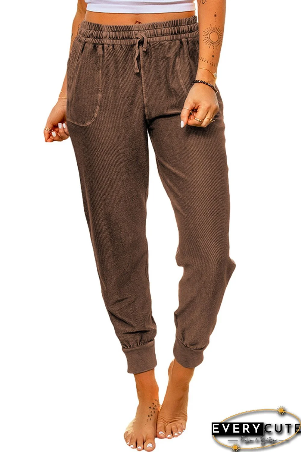 Brown Elastic Waist Jogger Pants with Pockets