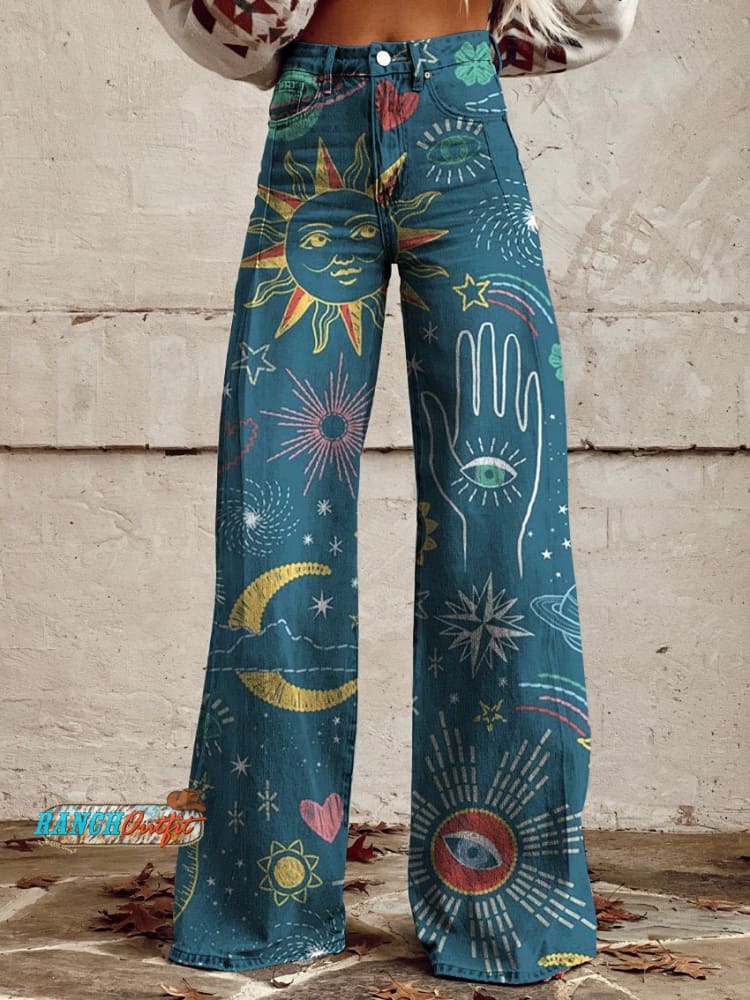 Embroidered Effect Stitch Space Elements Women’s Printed Casual Wide Leg Pants Blue / S