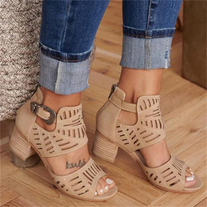 Qengg Hollow Out Sandals Mid Heel Summer Slip-on Buckle Ladies Shoes Artificial Open Toe Casual Wedding Pumps Women Sandalias