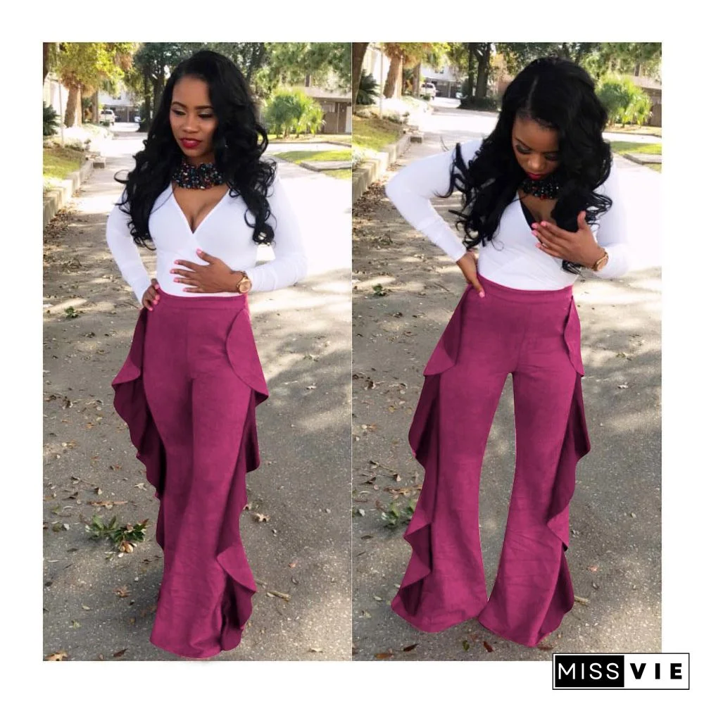 Solid Color High Waist Ruffles Side Loose Straight Pants