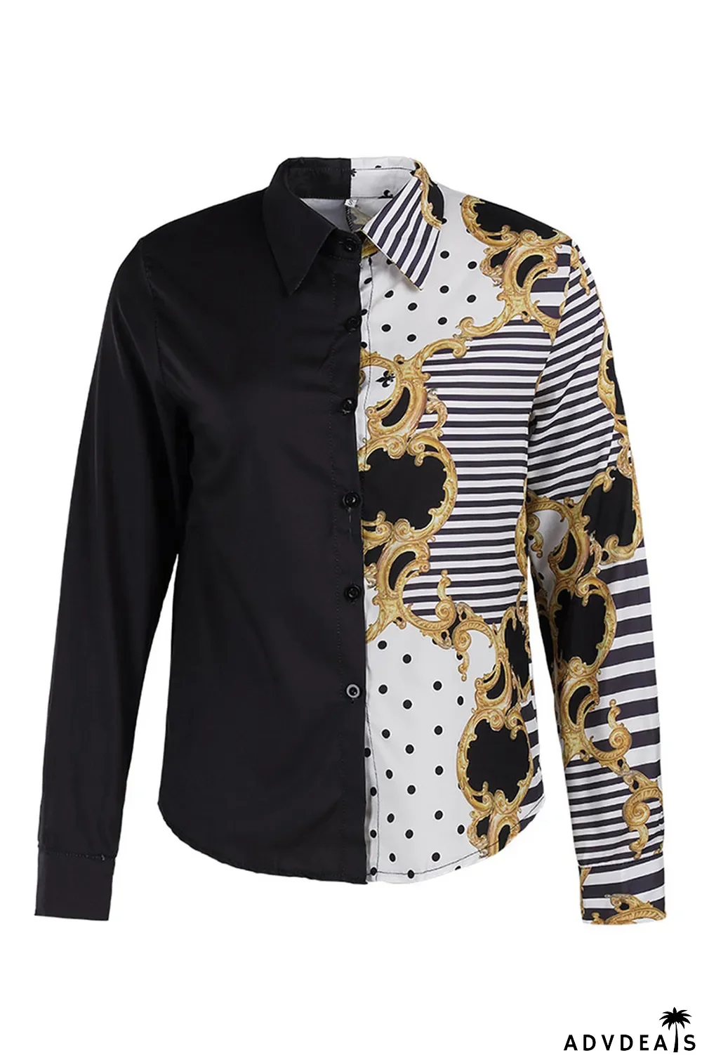 Red Black Casual Print Patchwork Buckle Turndown Collar Tops