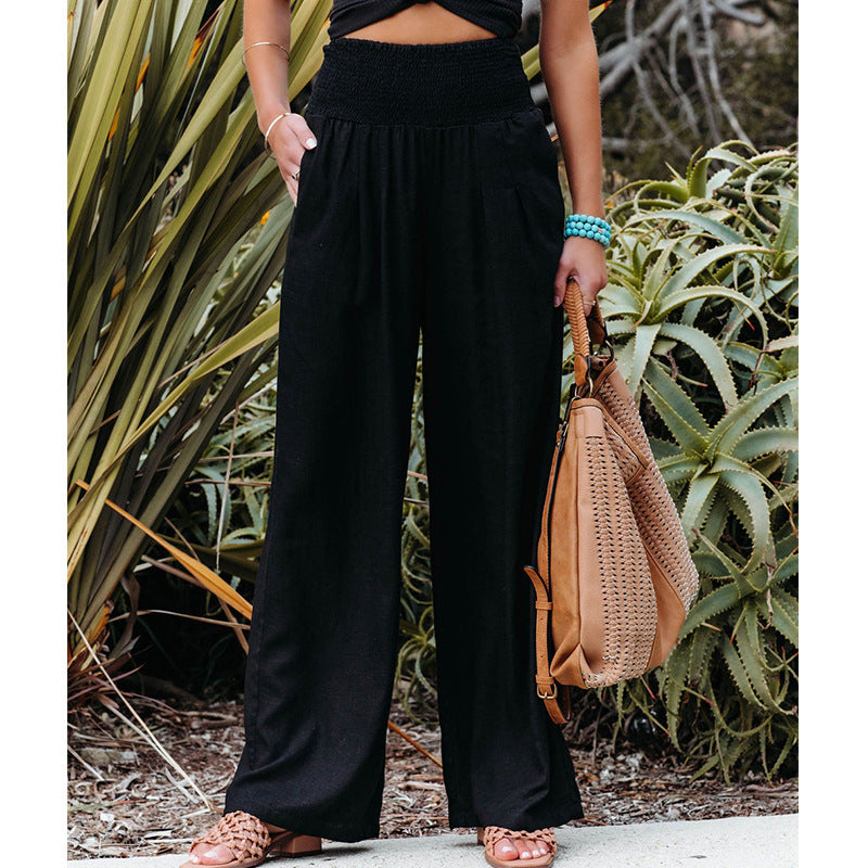 Greattioa-Casual high waist trousers solid color cotton linen loose wide leg pants women