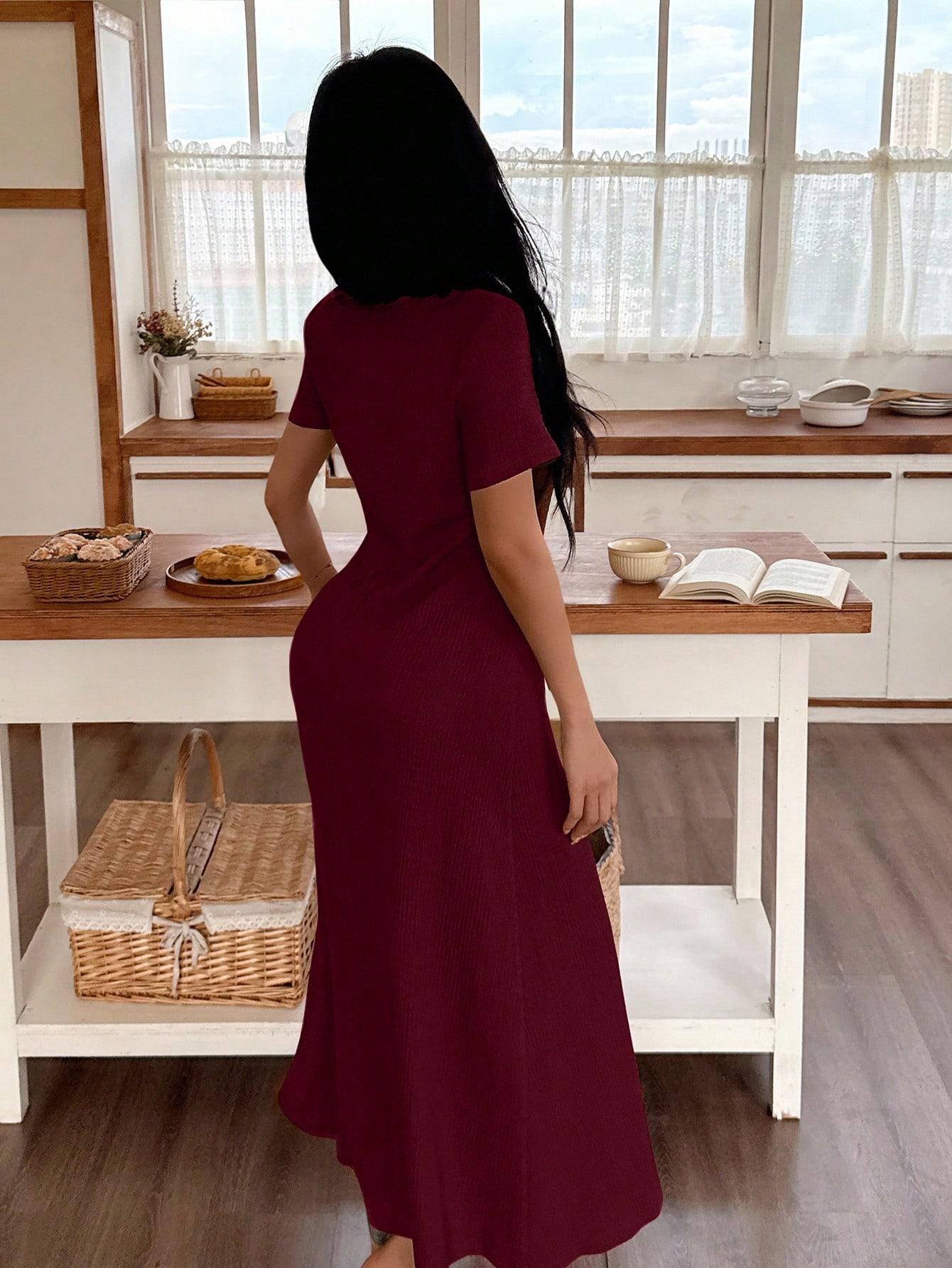 Women's Casual Solid Color Jacquard Gathered Ruffle Trim Square Neck Maxi Loungewear Dress Brown Dress Lounge Dress Summer Dress Tie Front Dress Midi Dress
