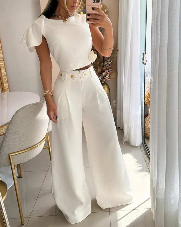 Fashion solid color sleeveless three-dimensional rose top with wide leg pants set