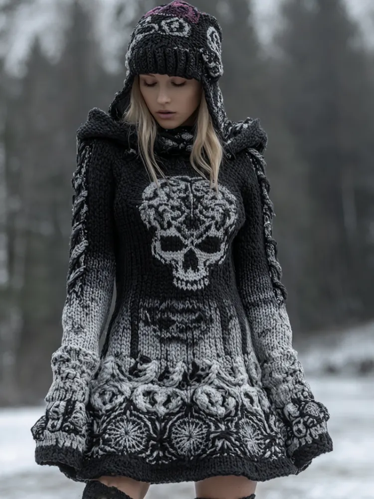Halloween Viking Style Lady Hooded Knit Sweater Dress
