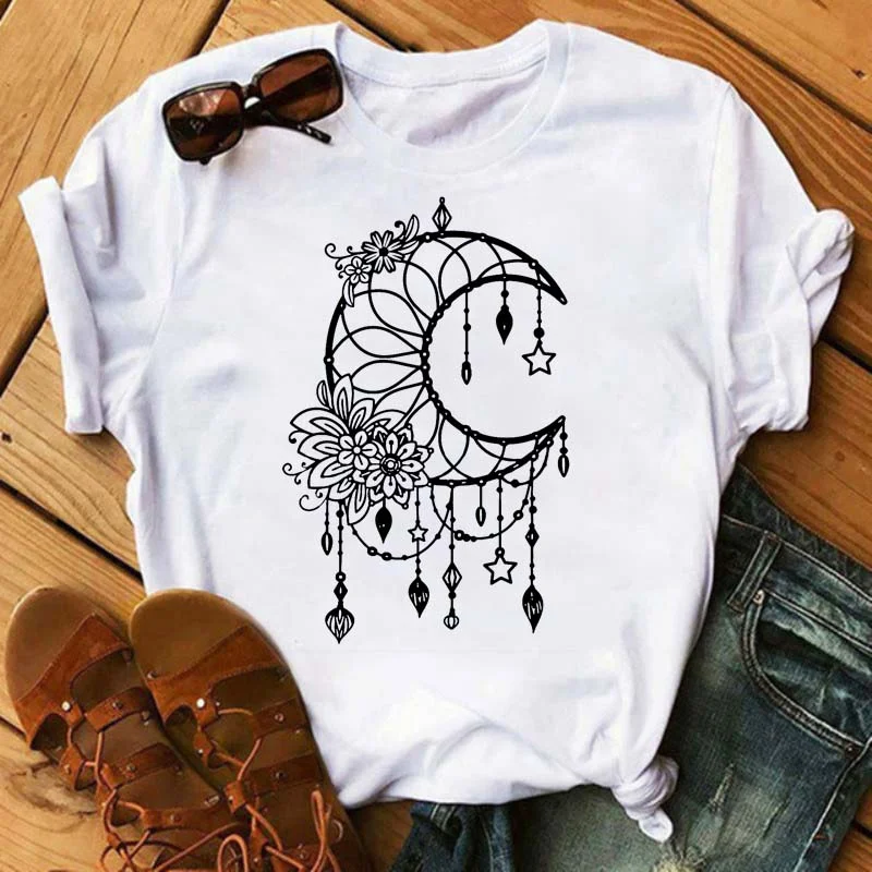 Maycaur Women Harajuku T Shirt New Moon Star Printed T Shirt O-Neck Summer Short Sleeve Tees Women Clothes Graphic T Shirts
