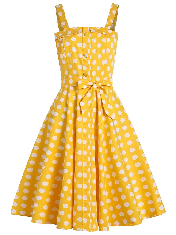 Yellow 1950s Polka Dot Straps Swing Dress