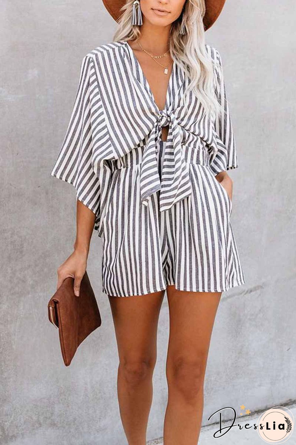Striped Short Sleeve Loose Jumpsuit