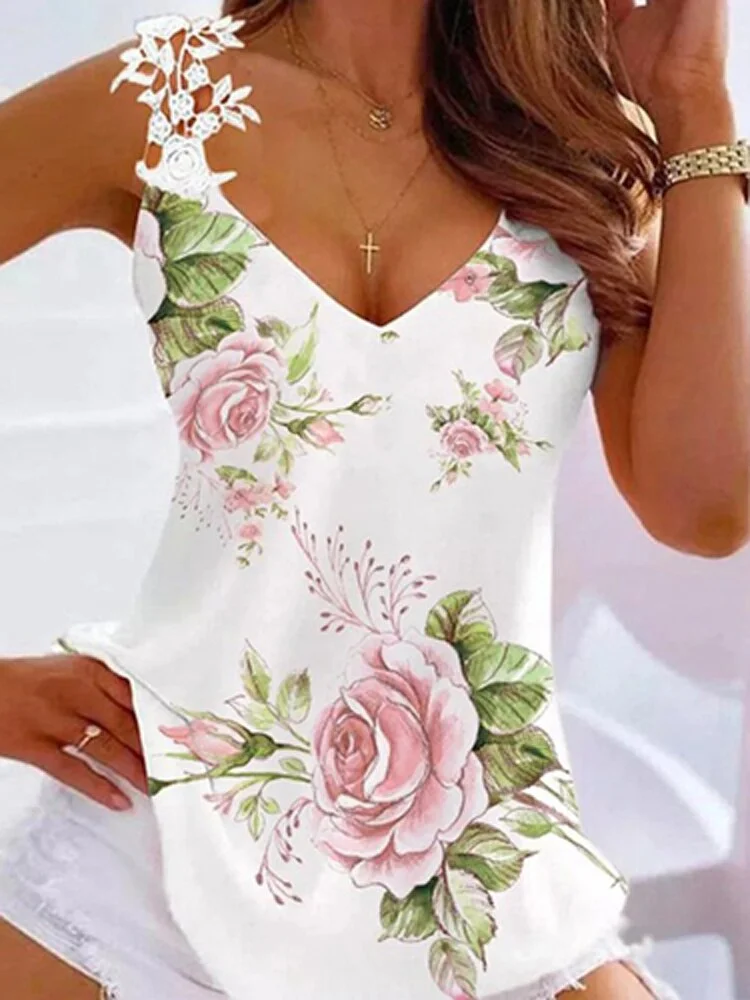 Breakj Lace Lace Camisole Top Summer Sexy Off Shoulder V Neck Loose Sleeveless Pullover Ladies Casual Floral Print Beach Resort Top