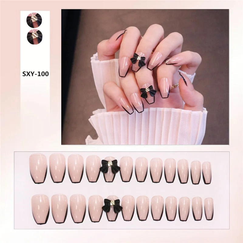 24pcs decorated false nails Transparent purple bow with long round head falis nails Manicure patch acrylic nail tips-Nail Inspo