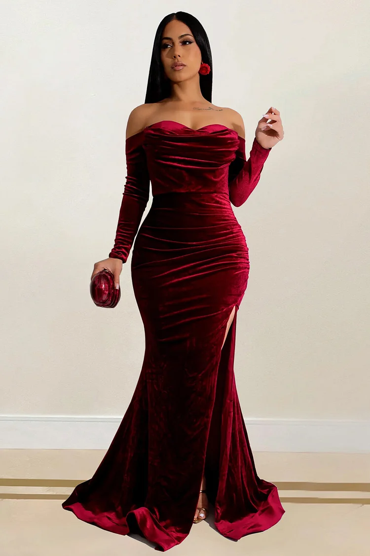 Off Shoulder Long Sleeve Slit Mermaid Hem Velvet Gowns Maxi Dresses-Green