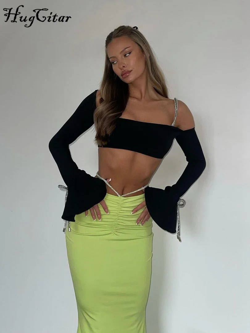 Hugcitar Shine Strings One Shoulder Solid Bandage Sexy Crop Top 2022 Summer Women Fashion Outfits Club Elegant Streetwear Y2K