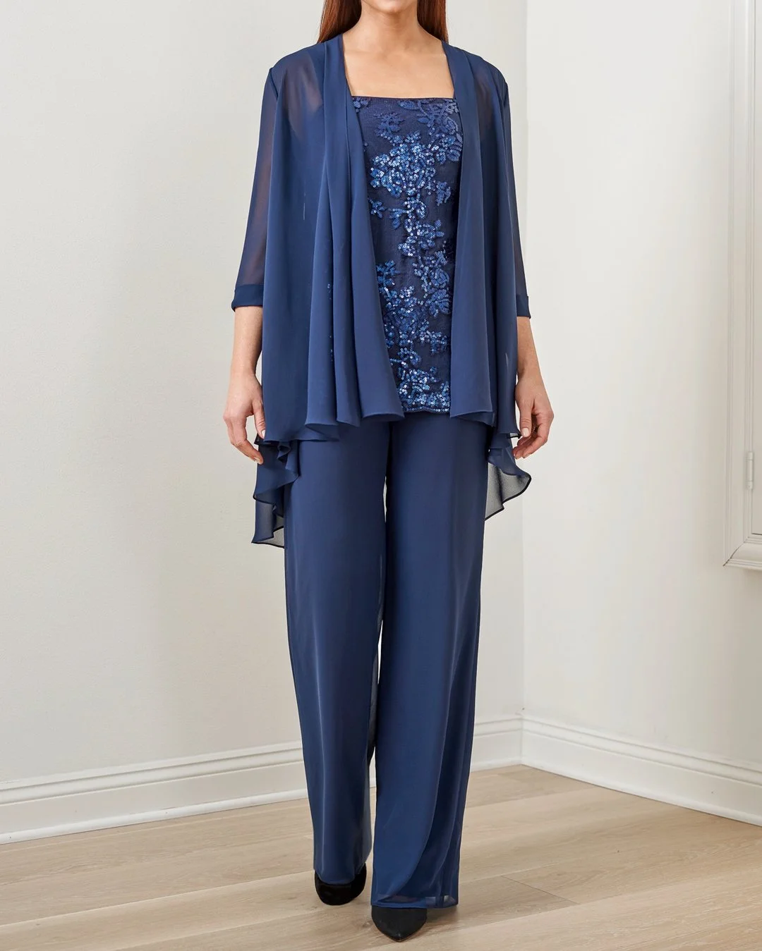 Embroidered Top Chiffon Long Pants Three Piece Suits