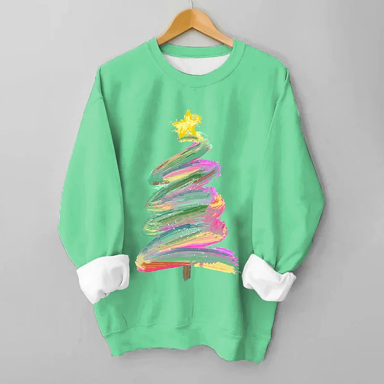 Wearshes Christmas Tree Print Crew Neck Sweatshirt