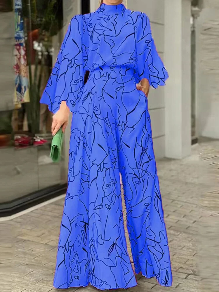 Spring Autumn Women's Elegant Print Long Sleeve Loose Jumpsuit 2023 Casual O-neck Pocket Wide Leg Jumpsuit Woman Party Jumpsuit