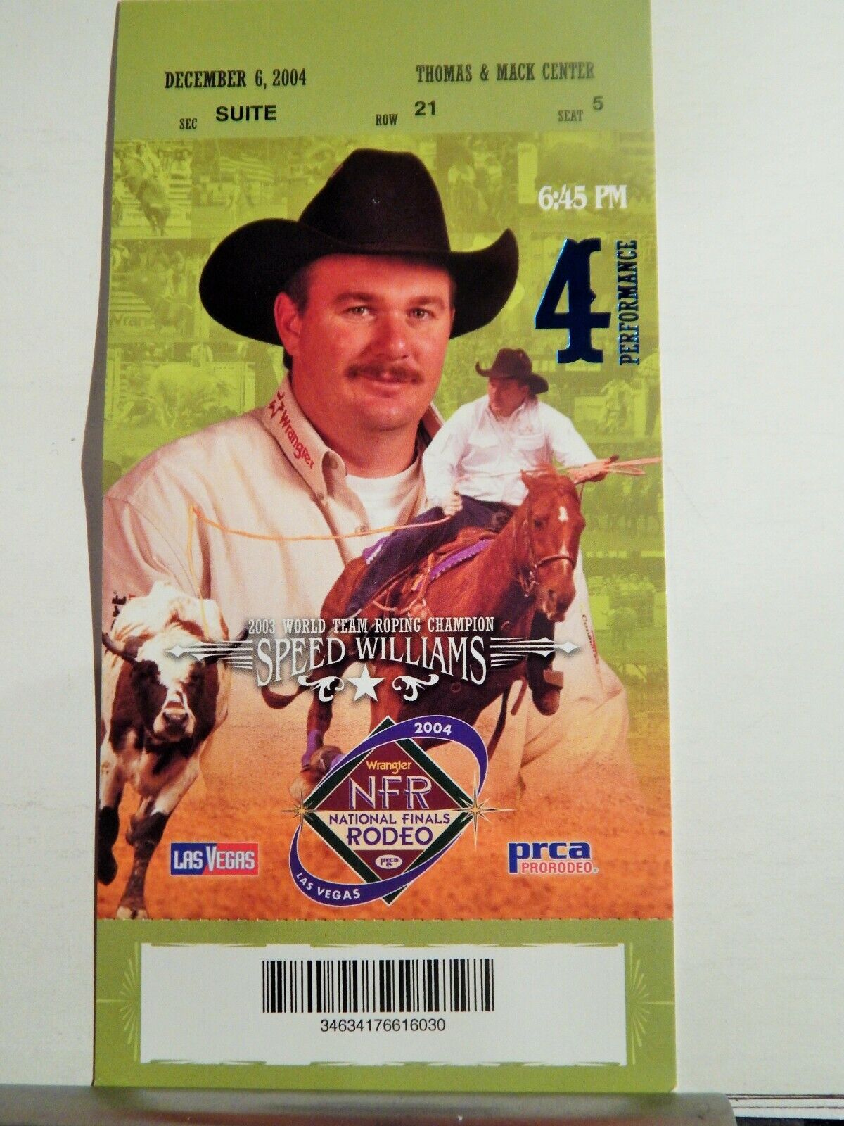 2004 NATIONAL FINALS RODEO LG ORIGINAL USED TICKET SPEED WILLIAMS COLOR Photo Poster painting