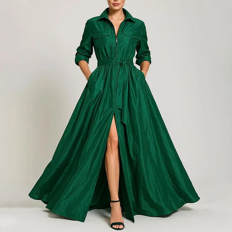 Shirt Collar Long Sleeve Zipper Pockets Belt Slit Maxi Dress
