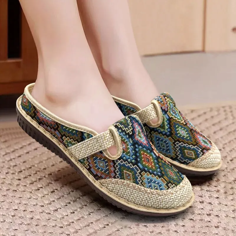 Women's Vintage Bohemian Weaving Breathable Wide Loafers Slip-On Sandals