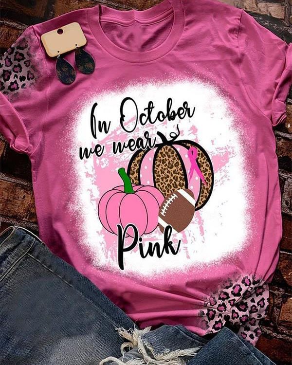 In October We Wear Pink Pumpkin Football Leopard Print T-Shirt