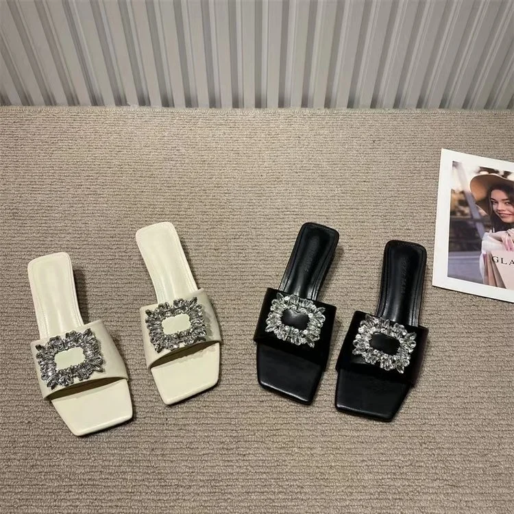 Wongn Wongn Summer New Fashion Rhinestone Square Button One-Word Women's Shoes With Cool Slippers Female