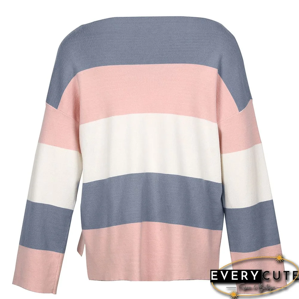 Pink Colorblock Striped Knitted Sweater