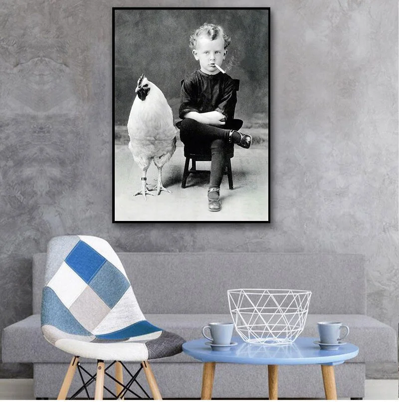 Weird Vintage Photography Poster Prints , Boy Smoking With His Chicken Pet Antique Portrait Art Canvas Painting Wall Art Decor