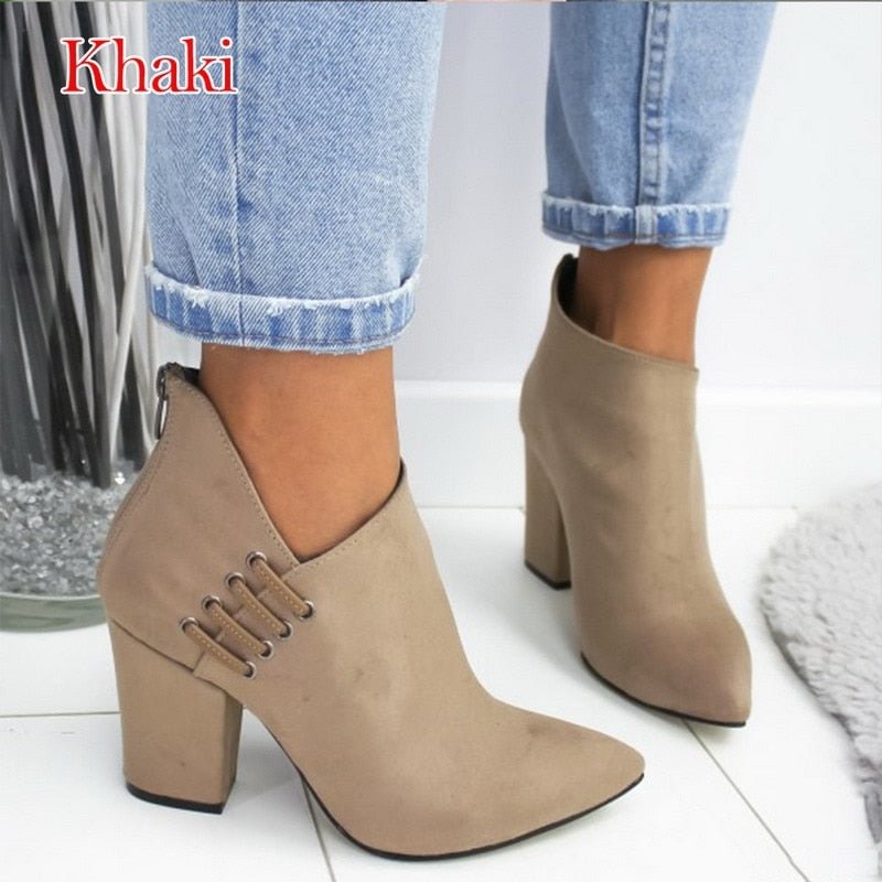 Woman Boots Pointed High Heels Shoes Solid Color Leather Ankle Boots Female Boots Fashion Thick Heel Back Zipper Women Shoes