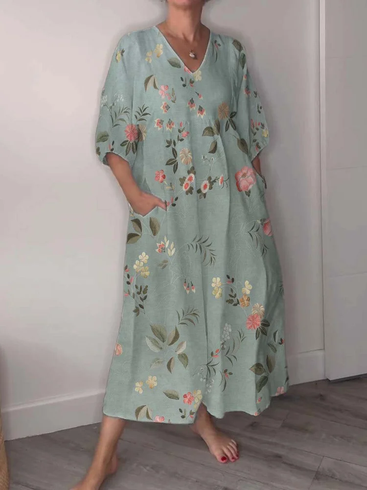 Serenity Flower Decorative Pattern Pocket V-neck Cotton Dress