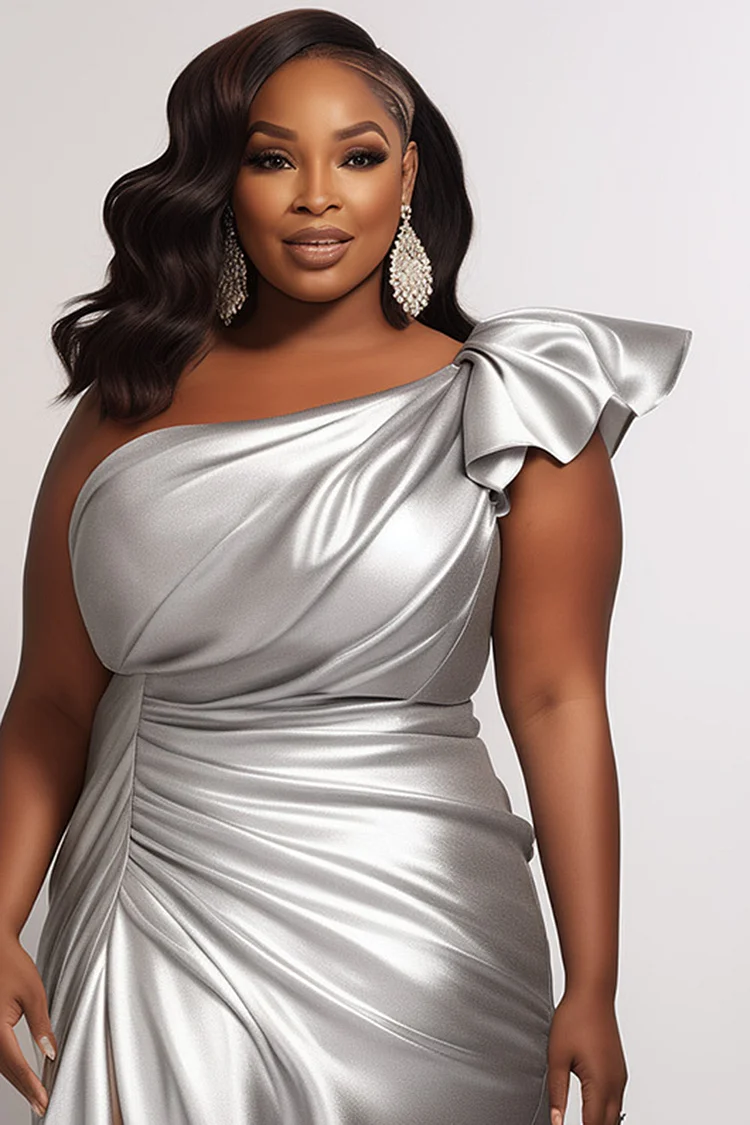 Xpluswear Design Plus Size Prom Silver Oblique Collar Flutter Sleeve Split Ruffle Glitter Maxi Dresses