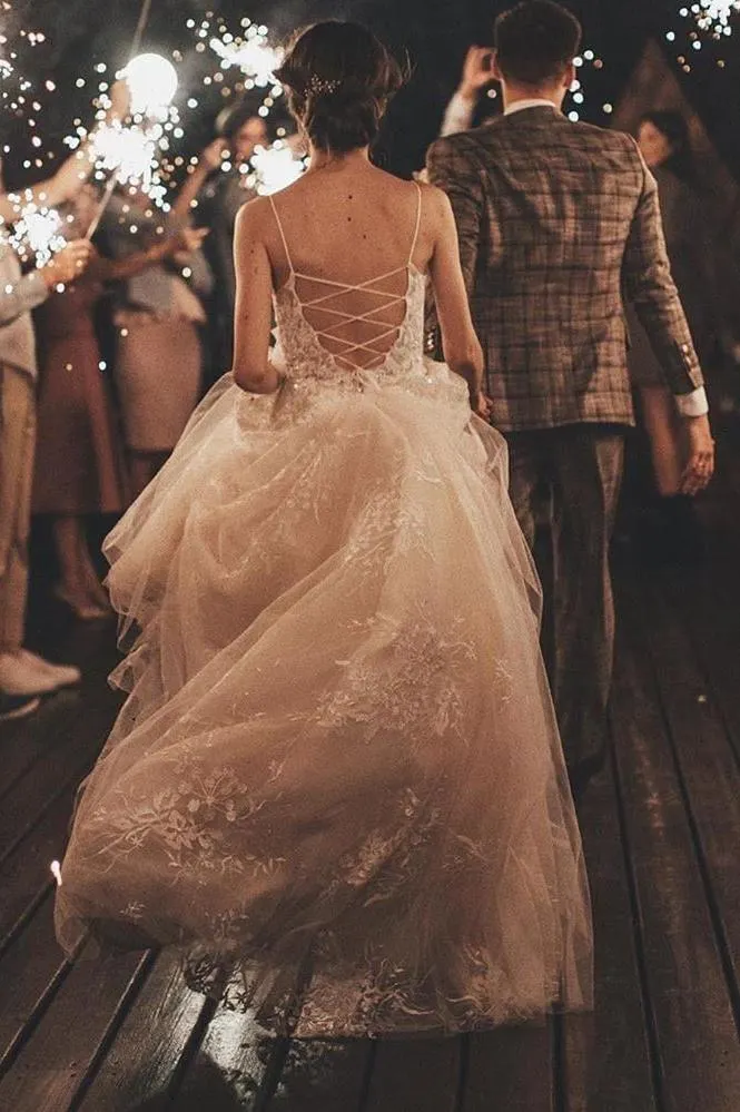 Spaghetti Straps Lace Tulle Wedding Dress, Charming Beaded V-Back Wedding Dress, D619