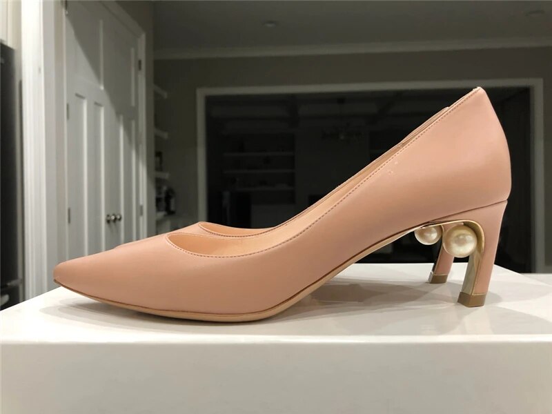 VCSHOES Pearl Decor Block Heel Women Pumps Pointed Toe Strange Heel Real Leather High Heel Party Shoes Woman