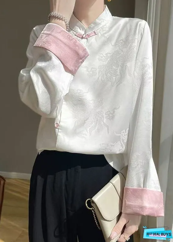 White Button Silk Shirts Stand Collar Long Sleeve