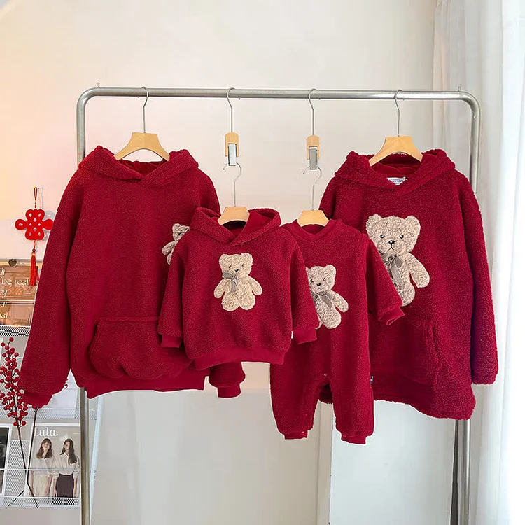 Family Matching Embroidered Bear Warm Hoodie