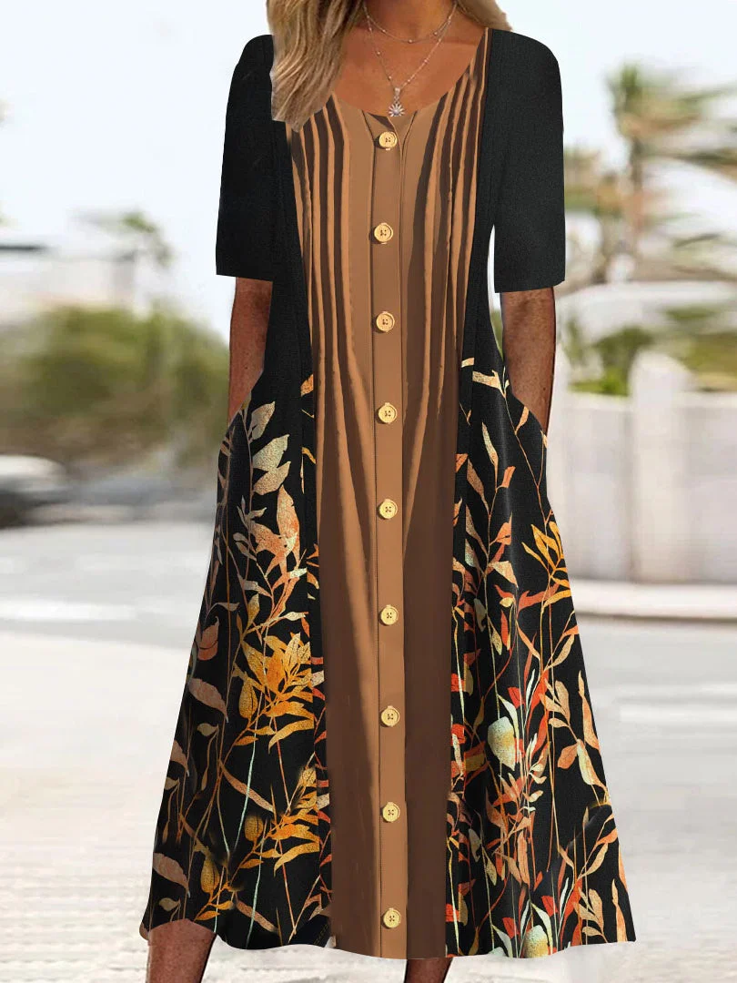 Women's Half Sleeve Scoop Neck Graphic Floral Printed Pockets Midi Dress
