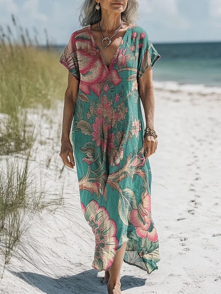 Women's Vintage Flower Art Print Pocket Cotton Dress